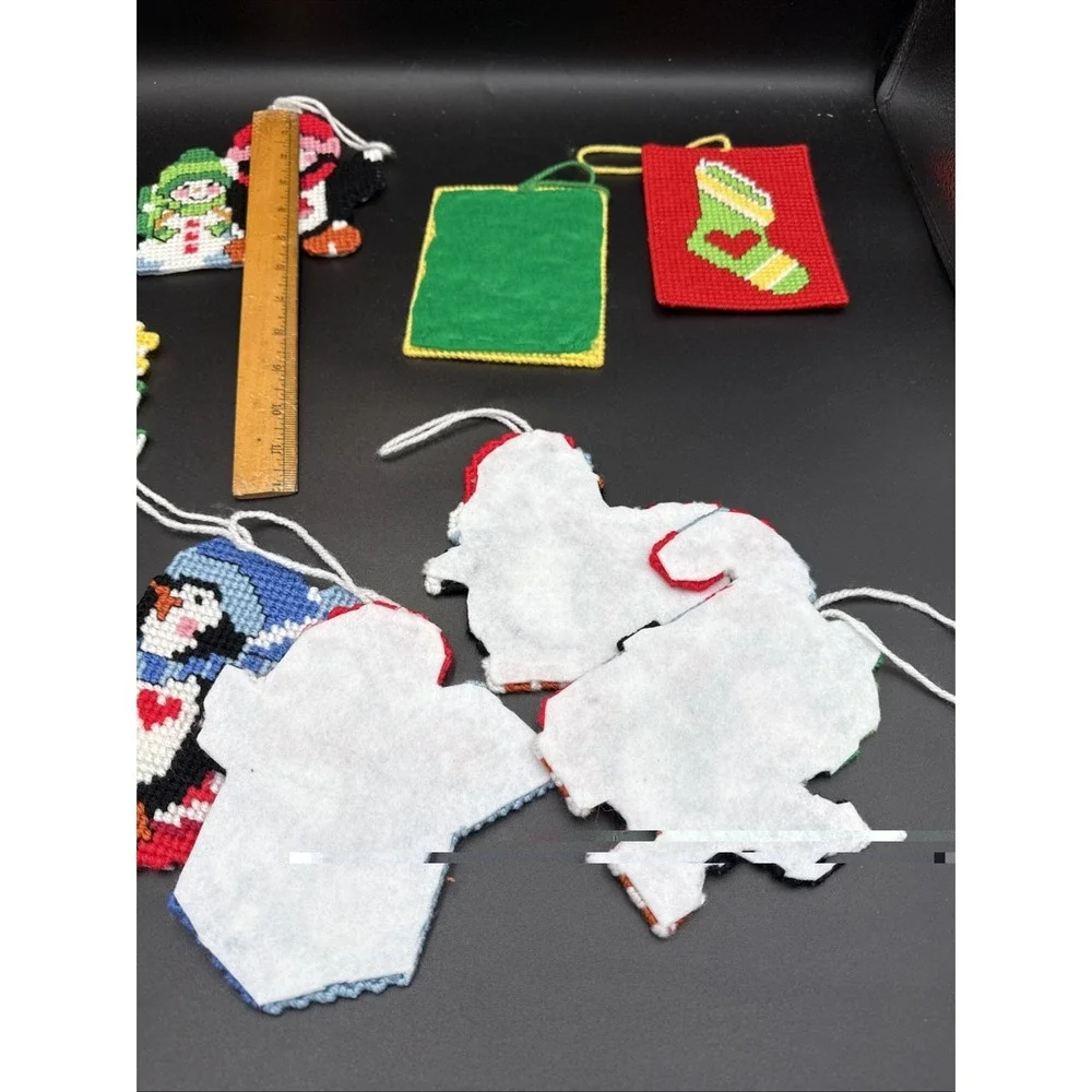 Lot of 8 Plastic Canvas Ornaments Christmas Penguin Snowman Cottage